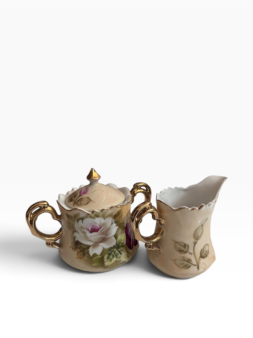 RS Prussia Vintage Porcelain Creamer And Sugar Bowl W/ Lid 2-Piece Set Floral